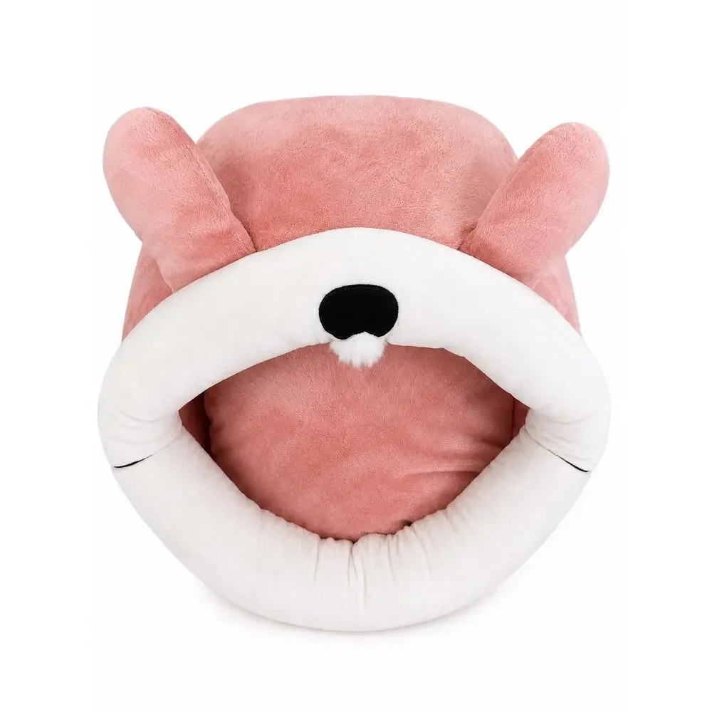 New Pink Kawaii Cat Cave Bed Bear Ears Pom Pom Plush Coquette Small Pet House
